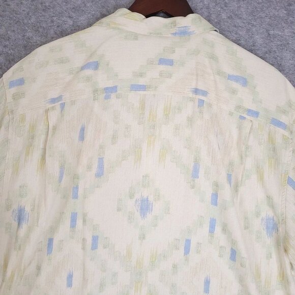 TOMMY BAHAMA Mens XL Silk Ikat Diamond Print Short Sleeve Beige Camp Shirt - Picture 7 of 9